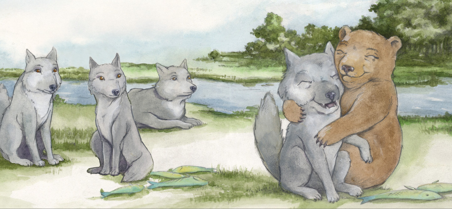 in a painting of an idyllic scene at the side of a stream with woods in the background, a bear and a wolf are hugging as they smile while three other wolves look on