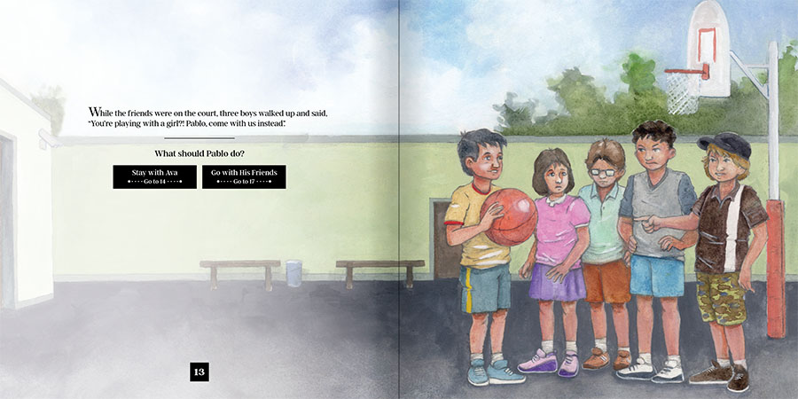 a boy holding a basketball stands with a girl as three boys approach them on a basketball court