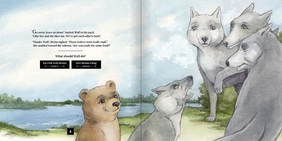 book pages depict a young wolf tells off older members of his pack as he stands with his smiling friend, who is a young bear. 